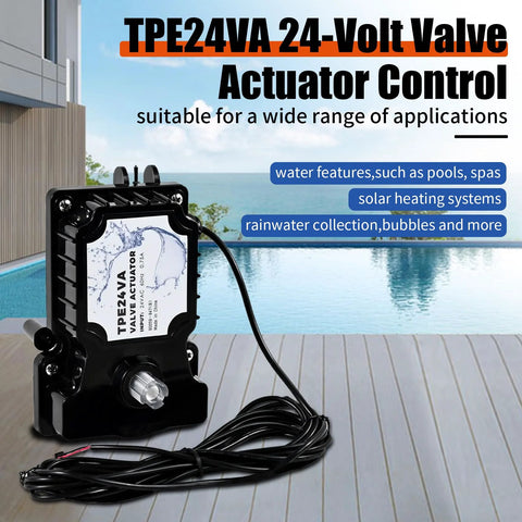 TPE24VA 24-Volt pool valve actuator in black housing with long attached cable for pools and spas.