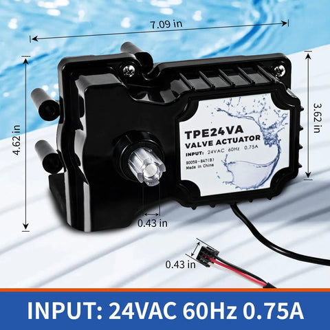 TPE24VA 24V pool valve actuator, black plastic housing for pools, spas and solar heating systems.