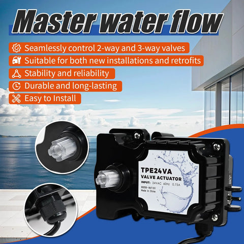 Front view of 24-Volt pool valve actuator, black plastic housing with two clear circular ports and TPE24VA label