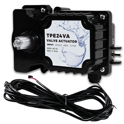 24-Volt Pool Valve Actuator, black plastic housing with label TPE24VA, 24VAC input, long wiring harness