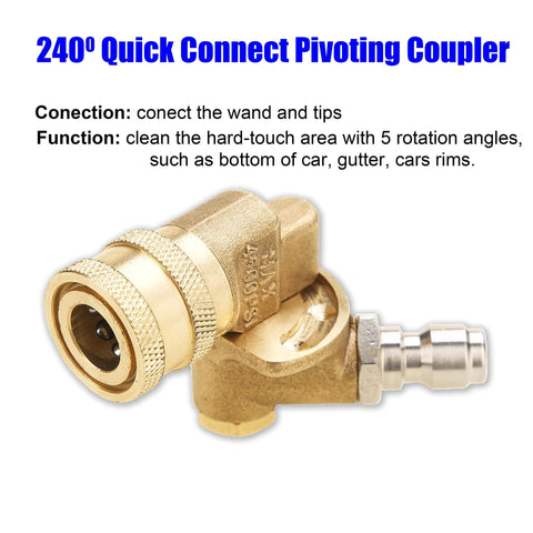 Brass 1/4 inch quick-connect pivoting coupler for pressure washers.