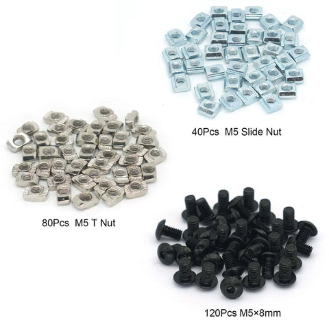 240 pcs M5 T nut and screw kit for 2020 aluminum extrusion systems, including 40 M5 slide nuts and 120 M5 screws.
