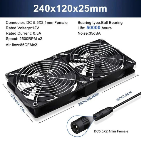 High Airflow 240mm Computer Fan Kit With Dual 120mm Fans, AC Plug Power Supply 110V to 240V And Variable Speed Controller 3V To 12V