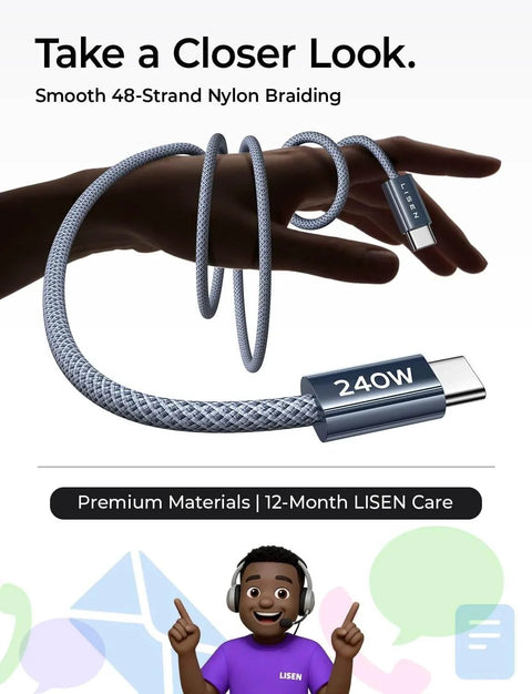 240W USB C to USB C cable 240W fast charging PD3.1 EPR 6.6ft 2 pack for iPhone 17 16 15 Pro Max, nylon braided detail view