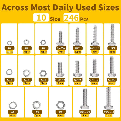 246Pcs Hex Bolts Fully Threaded Nuts Assortment Kit Stainless Steel 1 4 20 5 16 18 3 8 16 Flat And Lock Washers sizes chart