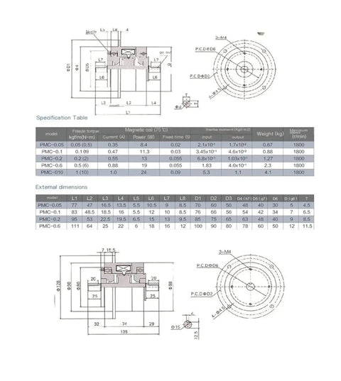 Technical diagram of Miniature Magnetic Particle Brake PMB-50Y-006 PMC-0.5 24V DC Electromagnetic Motor Brake, with specs and dimensions.