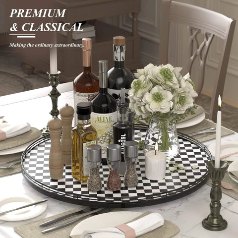 24 Inch Black and White French Look Kitchen Lazy Susan Turntable Round Checkered Decorative Tray on dining table with decor