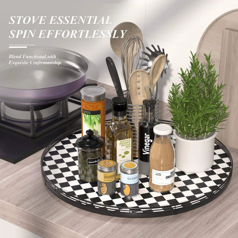24 Inch Black and White French Look Kitchen Lazy Susan Turntable Round Checkered Decorative Tray with Solid Wood Base on counter
