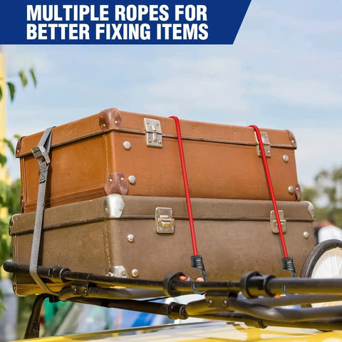 24 Inch Bungee Cords With Hooks Pack Of 4 securing luggage on car roof rack, heavy duty rubber core, red elastic straps for transport