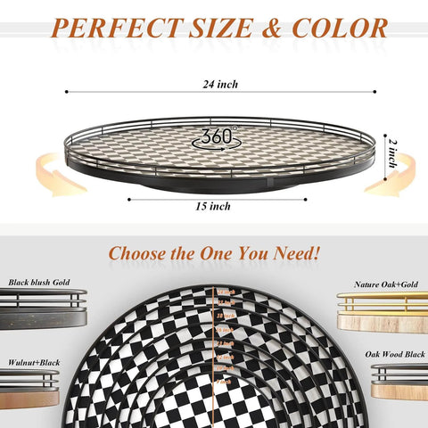 24 Inch Black and White French Look Kitchen Lazy Susan Turntable Round Checkered Decorative Tray size and color options