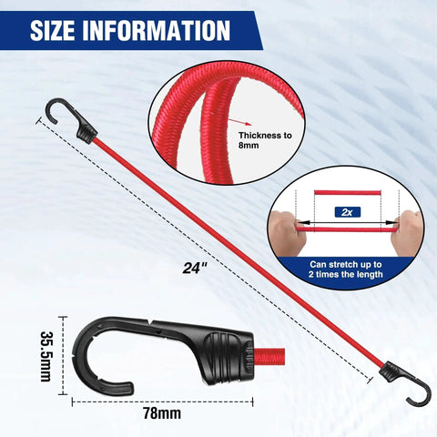 24 Inch Bungee Cords With Hooks Pack Of 4 Heavy Duty Rubber Core Elastic Straps for outdoor use, camping, RV, red cord size info