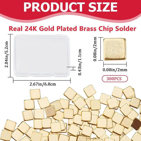24K Gold Plated Chip Solder 2x2mm, 0.3mm Thick, 300 Pcs Solder Chips Flux for Jewelry Making and Repair displayed in a pile