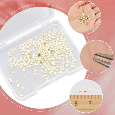 Image of 24K Gold Plated Chip Solder 2x2mm, 0.3mm Thick, 300 Pcs Solder Chips Flux for Jewelry Making and Repair, in a storage box