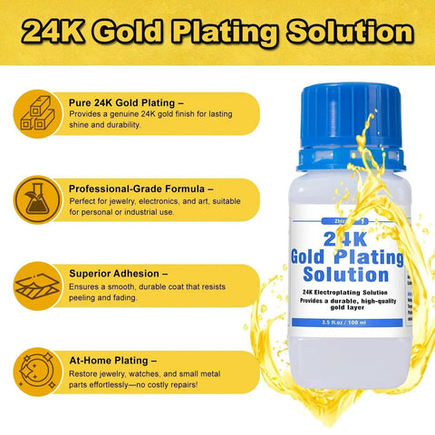 Bottle of Premium 24K Gold Plating Solution for Bath Immersion Plating and Jewelry Restorations with focus on high purity formula.