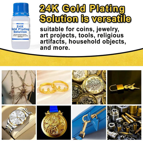 Image showing Premium 24K Gold Plating Solution for Bath Immersion Plating and Jewelry Restorations with 99.9% pure gold bottle and gold-finished items.