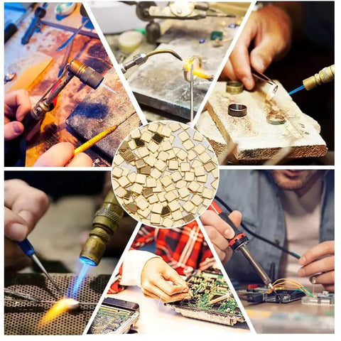 Collage showing 24K Gold Plated Chip Solder 2x2mm, 0.3mm Thick, 300 Pcs Solder Chips Flux for Jewelry Making and Repair in various uses