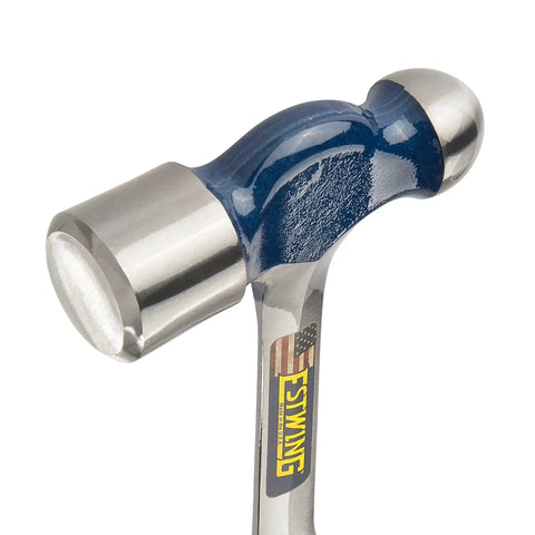 Ball Peen Hammer 24 Oz USA Made With Forged Steel Construction And Shock Reduction Grip, close-up of hammer head and handle.