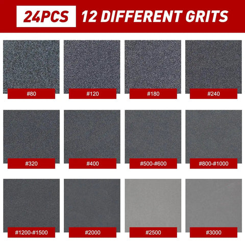 12 different grit samples of 24 Pcs Sanding Sponges 800 1000 Grit Reusable Blocks For Wood Metal Drywall displayed.