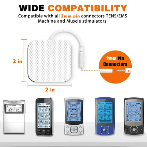 24PCS TENS Unit Replacement Pads 2X2, Latex Free Electrodes, 2mm pin connectors, compatible with various TENS machines.