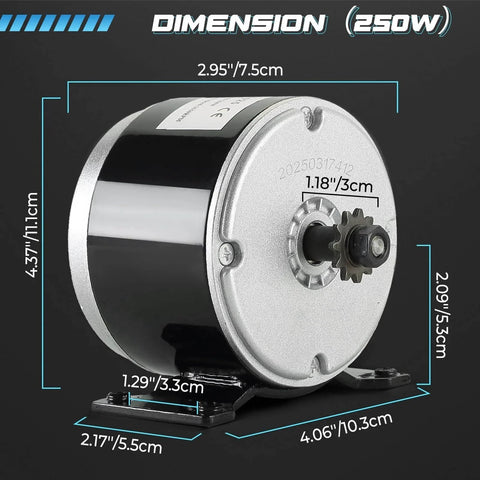 Front view of 24V 250W Brushed Permanent Magnet Electric Motor Generator showing dimensions and mounting base
