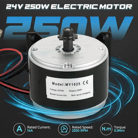 24V 250W Brushed Permanent Magnet Electric Motor Generator with labeled specifications
