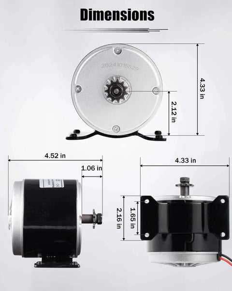 24V Brushed Electric Motor for E Scooter, shown in front and side views with dimensions