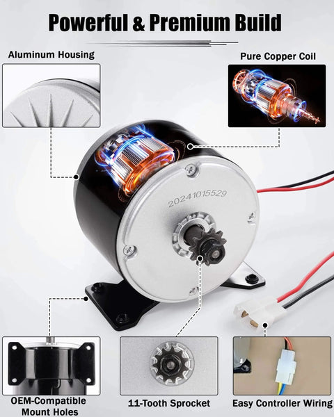24V Brushed Electric Motor for E Scooter, 350W Replacement Motor Competible with Razor MX350 MX400 E300 E300S E325, showcased with components
