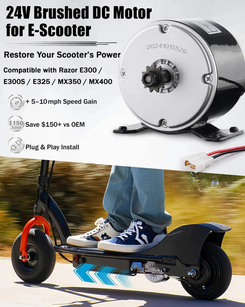 24V Brushed Electric Motor for E Scooter, 350W Replacement Motor Compatible with Razor MX350 MX400 E300 E300S E325 shown on scooter