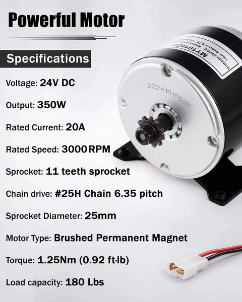 Specifications of 24V Brushed Electric Motor for E Scooter, 350W Replacement Motor with 3000 RPM for Razor models, front view