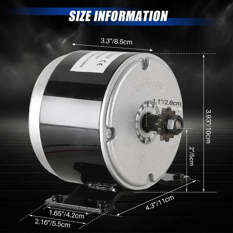 Side view of 24V DC 350W Brushed Permanent Magnet Electric Motor Generator with size measurements in cm for scooter use