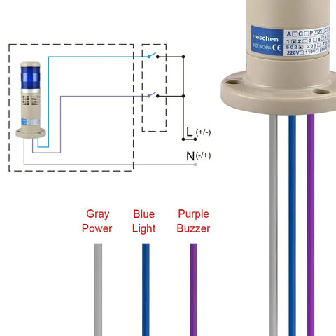 Wiring diagram and base of 24V DC Blue LED Tower Stack Light with buzzer for industrial signal use, model HS LTP 502TJ Heschen.