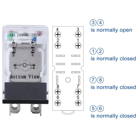 Diagram of Beefy 24V DC DPDT Electromagnetic Relay Kit With 8-Pin Socket Base, showing contact configuration, normally open and closed.