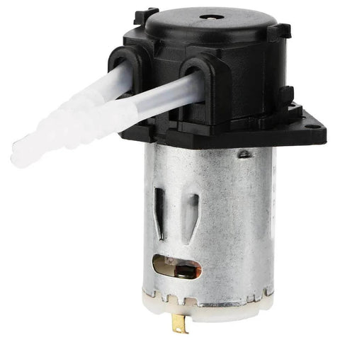 Front view of 24V DC DIY Peristaltic Liquid Pump Dosing Pump for Aquarium Lab Analytical 10ml/min -90ml/min (black) showing tubing connectors.