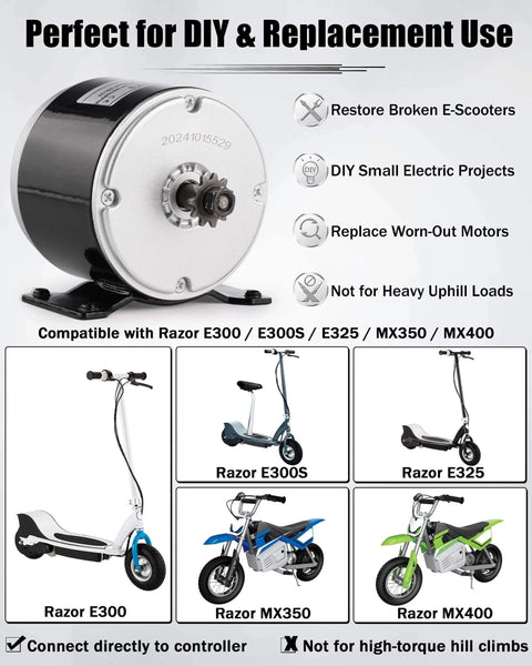 Image showcasing 24V Brushed Electric Motor for E Scooter, 350W Replacement Motor Compatible with Razor models, use guide.