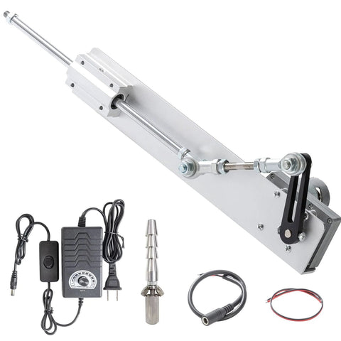 JQDML 24V reciprocating linear actuator with 40 lbs max torque, rod extension, mounting bracket, and power adapter set.
