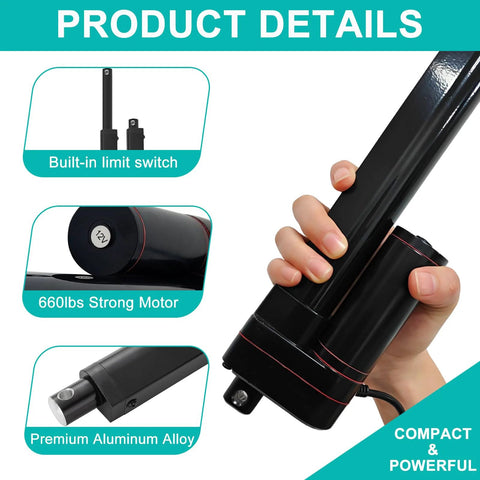 JQDML 24V 6-in stroke linear actuator with mounting bracket; black aluminum alloy body, built-in limit switch, 660 lbs.