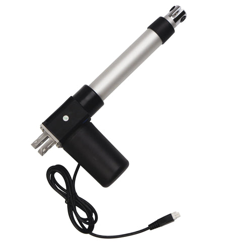 24V feedback linear actuator with silver extendable rod and black housing, cable included.