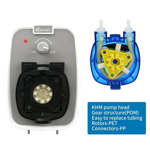 Front view of 24V peristaltic pump high flow rate liquid dosing pump 180-520ml/min adjustable with Norprene tube.