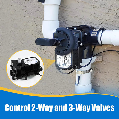 Pool valve actuator TPE24VA, 24V, mounted on PVC pipe for 2-way and 3-way valve control