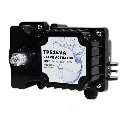 TPE24VA pool valve actuator in black plastic housing with 24VAC input and output shaft for valve control