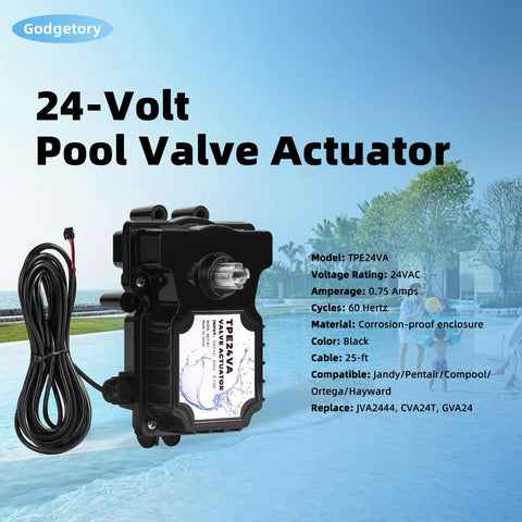 24-Volt pool valve actuator (TPE24VA) in black corrosion-proof enclosure with 25-ft cable.