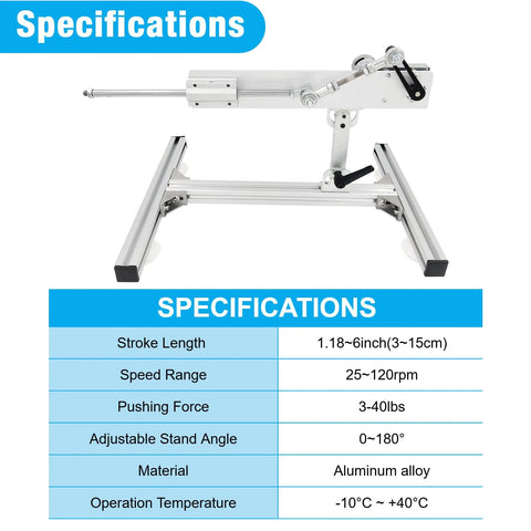JQDML 24V reciprocating linear actuator with telescopic stroke 1.18–6 in, 120 rpm, aluminum stand with suction cups