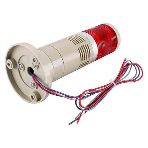 Side view of Industrial 24V DC Red Alarm Light With Built In Buzzer Signal Tower, showing base, wires, and red LED, 80x190mm size.