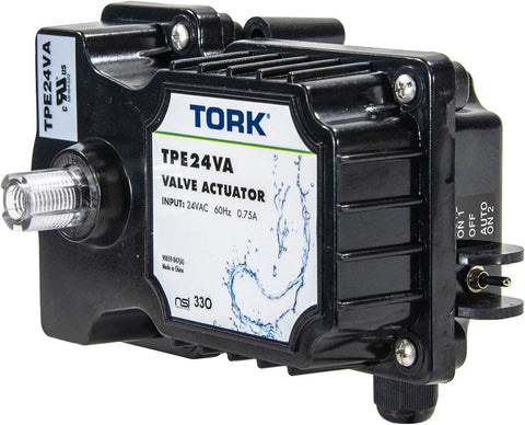 TORK TPE24VA valve actuator in black housing, 24V input, front view with label visible.