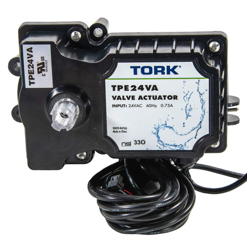 TORK TPE24VA valve actuator, black housing with drive shaft and attached wiring for 24V control.