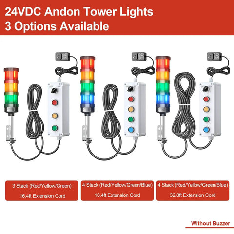 4 Stack Super Bright LED Andon Tower Lights With Red Yellow Green Blue LEDs For Clear Status On Production Lines And Safety Alarms, 24V DC Plug Play Ready, No Sound, Includes 32.8 Foot Extension Cord And 9.8 Foot Power Adapter For Factory Automation.