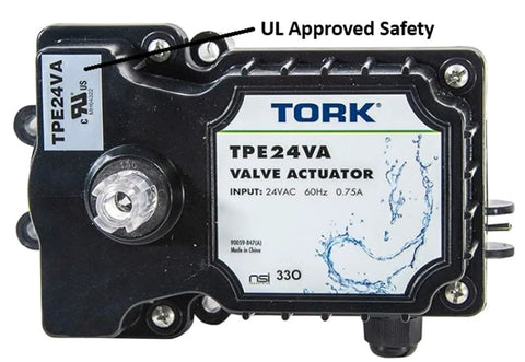TORK TPE24VA valve actuator, black housing with UL safety label and 24V input for 24VAC control systems