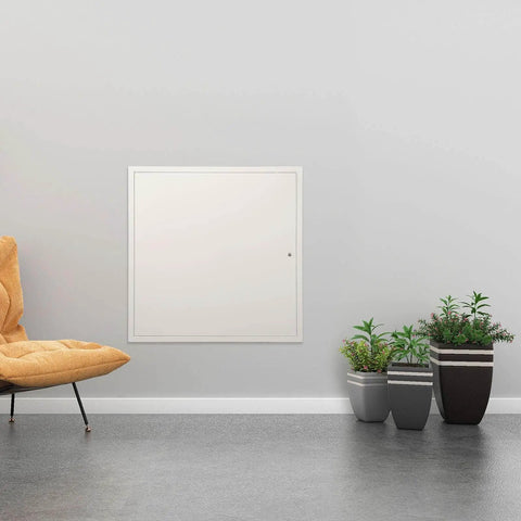 Durable 24 x 24 inch metal access panel for drywall ceilings with a cam latch lock, situated in a modern room interior.