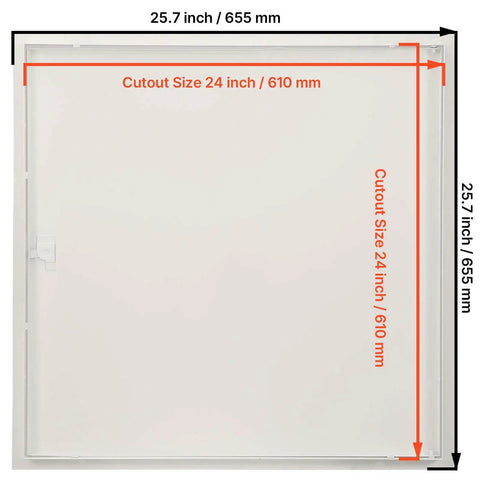 Front view of a Durable 24 x 24 inch metal access panel for drywall ceilings with a cam latch lock and hinged removable door.