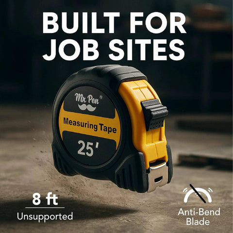 Steel Retractable Tape Measure with Fractions, 25-Foot, Easy Read Tape Measure 25 ft on job site with measuring blade visible.